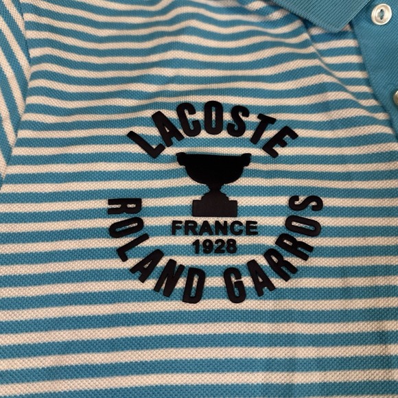 Lacoste Sport Polo Shirt Mens Large 5 Blue Striped Roland Garros Paris Golf - Picture 2 of 7